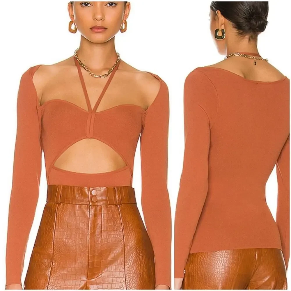 REVOLVE Bardot Maxwell Knit Top cot cutout long sleeve in Copper size L
